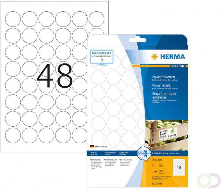 Herma 10915 Power etiketten sterk hechtend A4 Ã 30 mm rond wit van papier